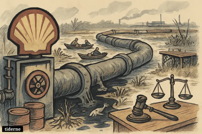 A Shell-branded pipeline leaks oil across the Niger Delta as thieves siphon fuel and courtroom symbols suggest a legal battle.