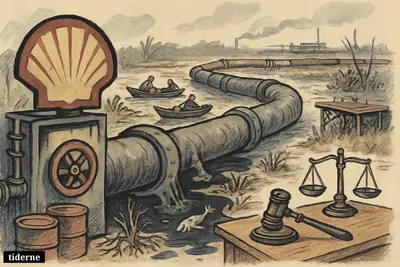 A Shell-branded pipeline leaks oil across the Niger Delta as thieves siphon fuel and courtroom symbols suggest a legal battle.