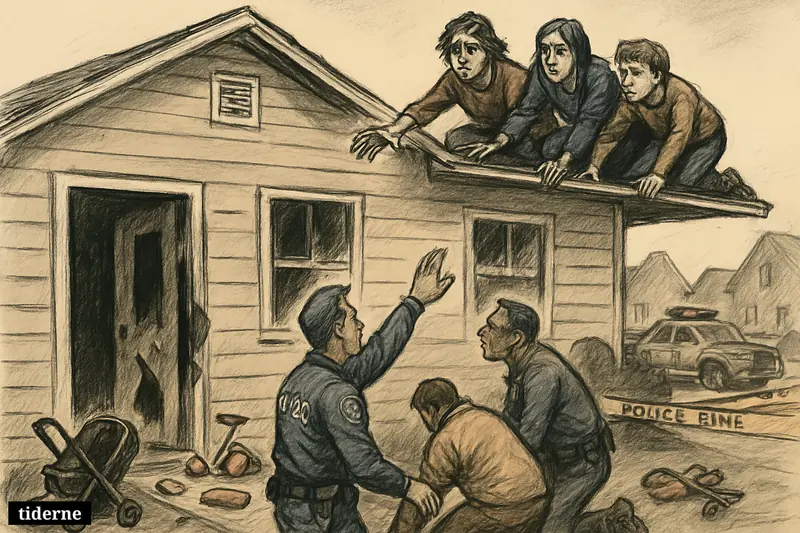 A tragic caricature scene of a suburban house, escaped family members on the roof, and police responding below amid children’s belongings.