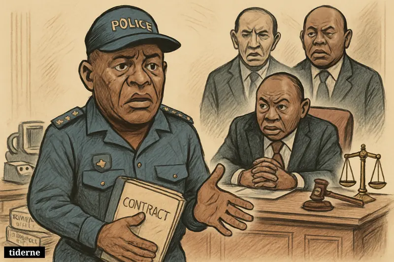 Fannie Masemola faces scrutiny in a government office as Cyril Ramaphosa and two former police chiefs watch amid contract files and justice symbols.