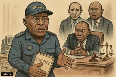 Fannie Masemola faces scrutiny in a government office as Cyril Ramaphosa and two former police chiefs watch amid contract files and justice symbols.