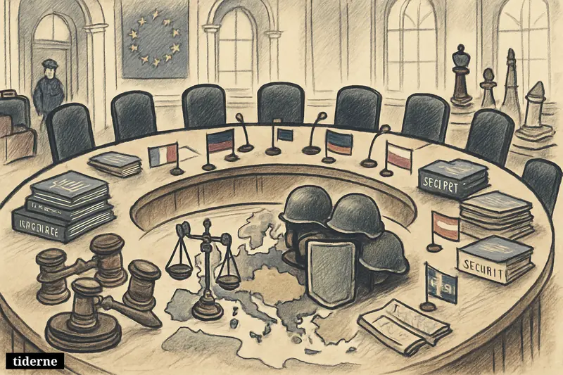 A caricature conference chamber in Copenhagen shows Europe’s security, migration, Ukraine, and budget tensions through props around a round table.
