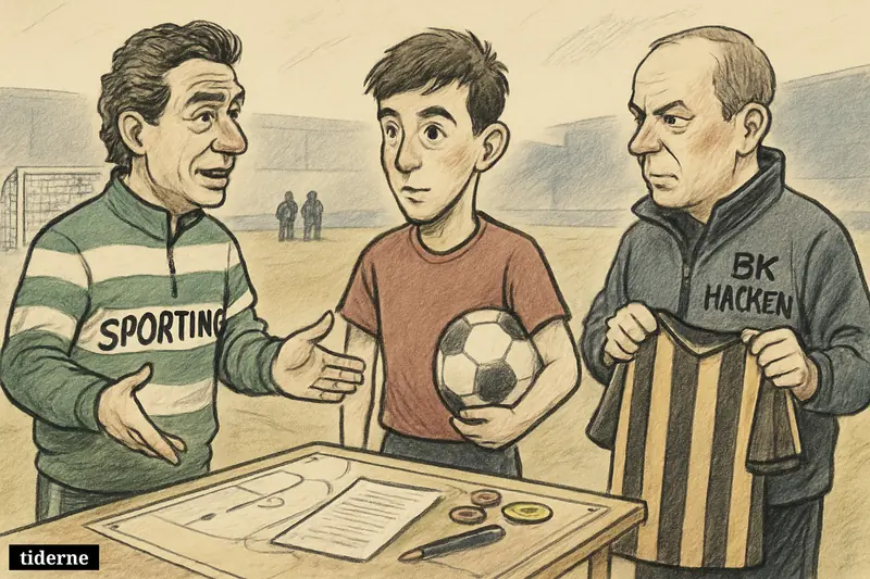 A footballer stands between two club representatives on a training ground as contract papers and a ball signal an unresolved transfer negotiation.