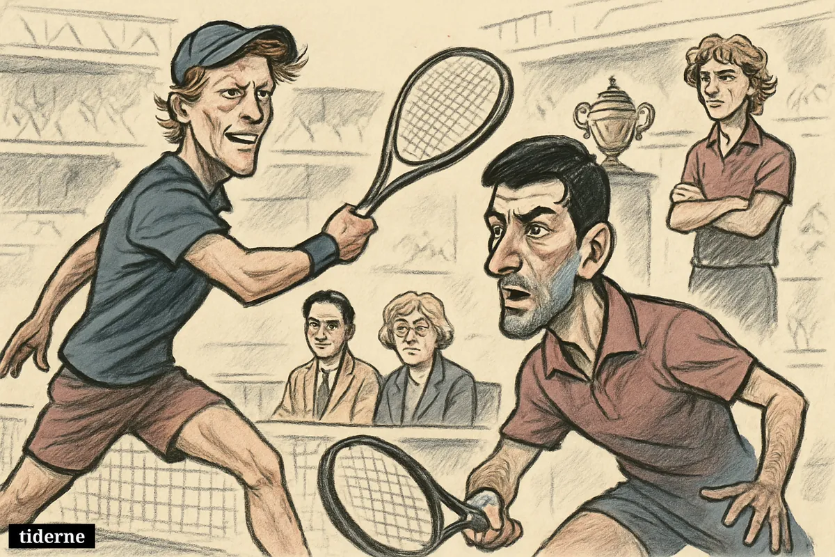 Caricature tennis scene of Jannik Sinner overpowering Novak Djokovic at Wimbledon while famous tennis figures watch from the sideline. (AI-genereret illustration)