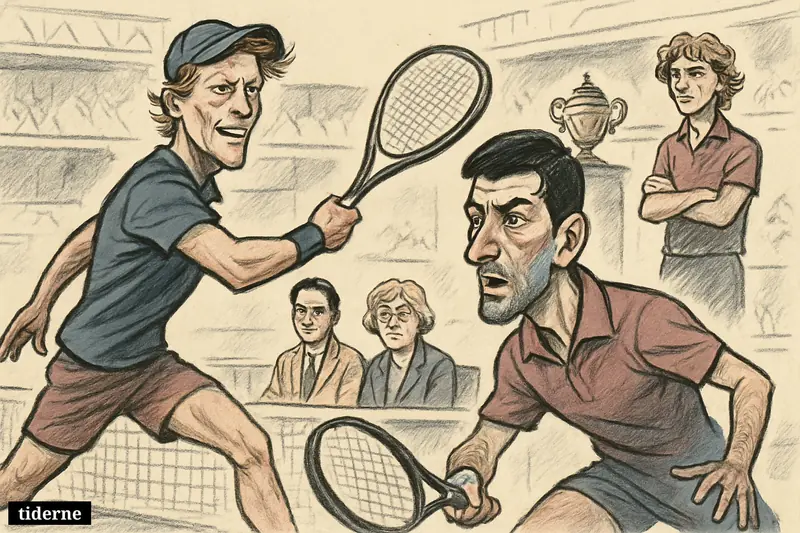Caricature tennis scene of Jannik Sinner overpowering Novak Djokovic at Wimbledon while famous tennis figures watch from the sideline. (AI-genereret illustration)