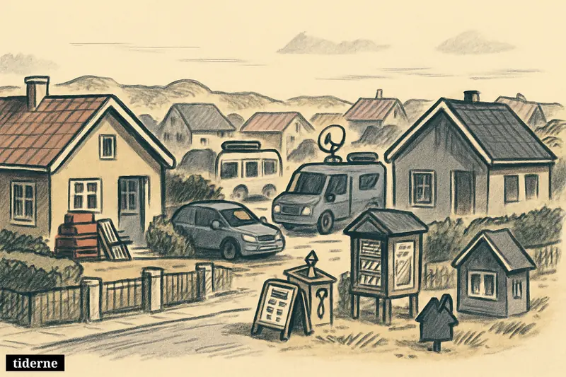 Detached houses in a coastal holiday town street, with seasonal stay clues, broadcast vans, and tourism props suggesting outside ownership. (AI-genereret illustration)