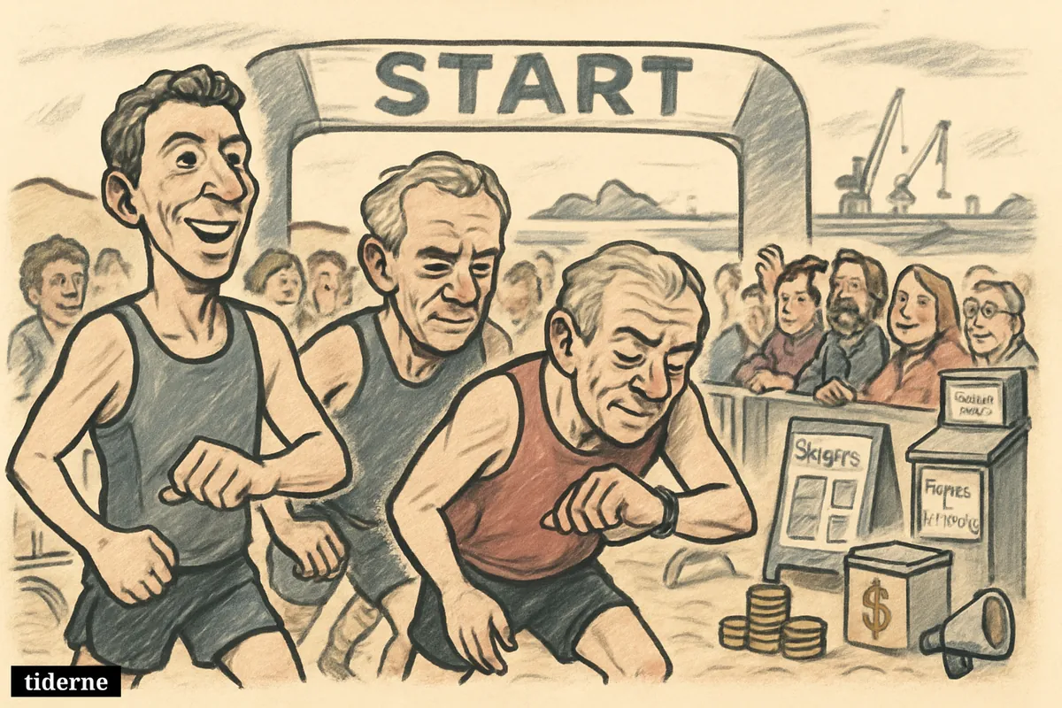 Crowded marathon start in Skagen with eager runners, spectators, tourism props, and subtle funding symbols near a seaside route. (AI-genereret illustration)
