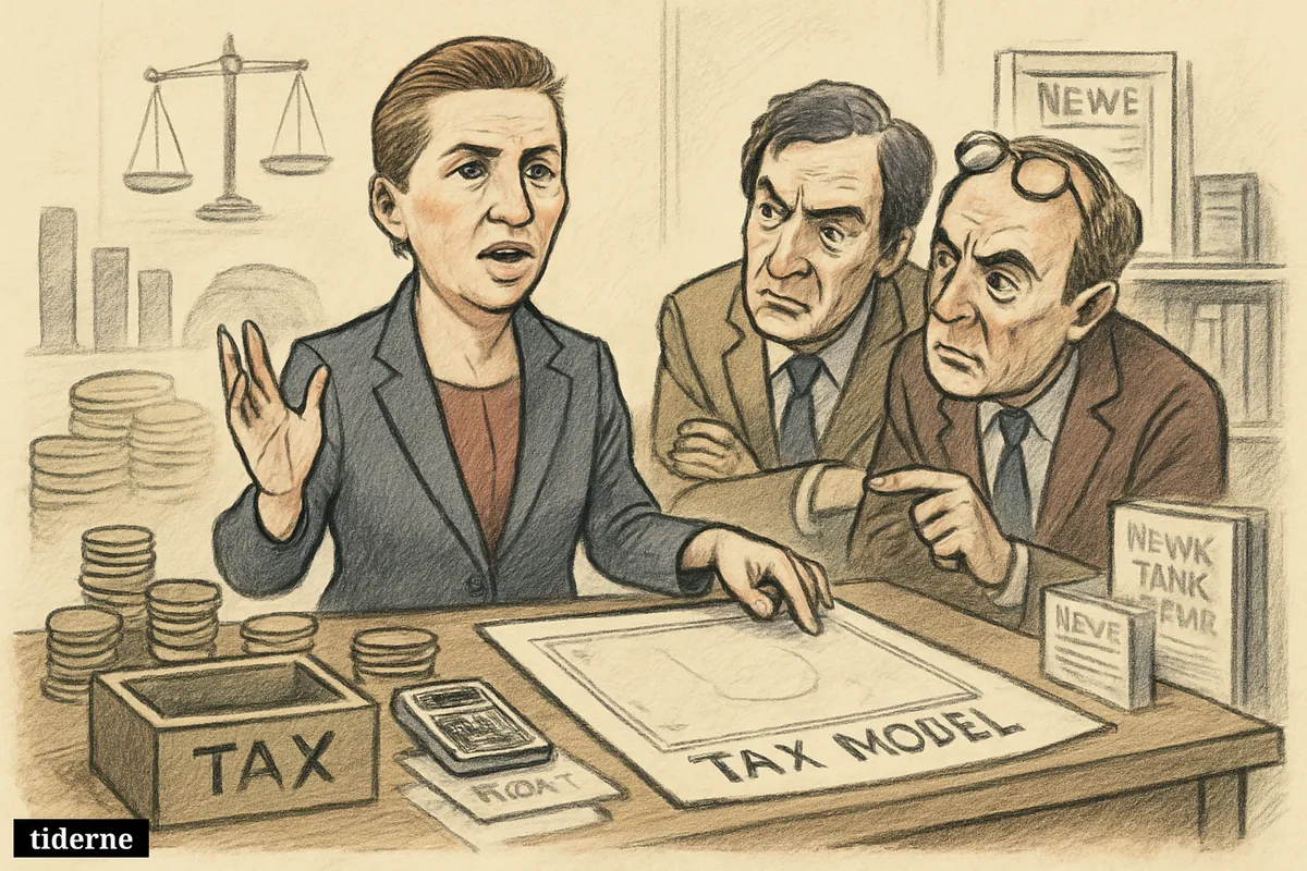 Mette Frederiksen stands over an unfinished tax plan while skeptical experts examine papers, coins, and budget symbols in a government office.