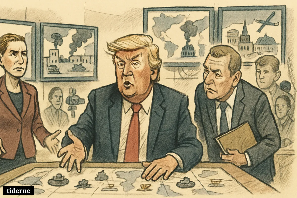 Trump leads a tense briefing room scene while Mette Frederiksen and Lars Løkke Rasmussen react amid maps, drones, and conflict symbols.