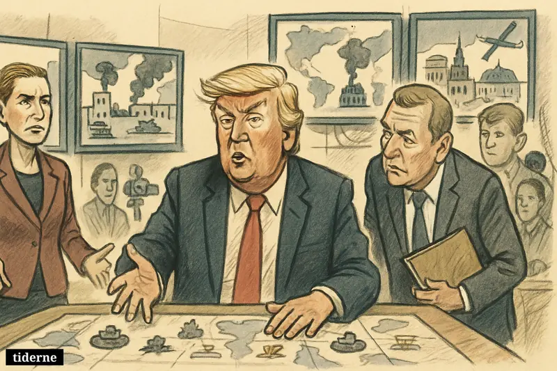 Trump leads a tense briefing room scene while Mette Frederiksen and Lars Løkke Rasmussen react amid maps, drones, and conflict symbols.