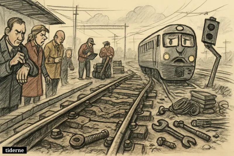 A slow train crawls over damaged rails while commuters wait impatiently and maintenance crews inspect a worn railway line.