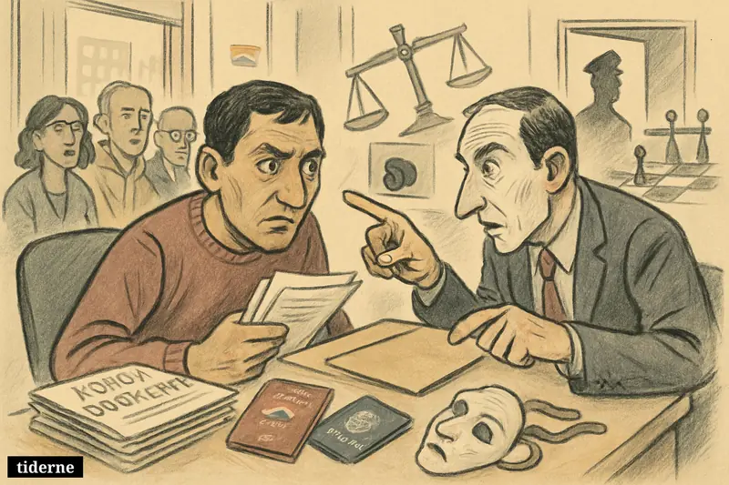 A tense caricature scene in a London asylum office shows a migrant being coached, with hidden camera, documents, waiting migrants, and justice symbols.