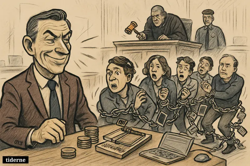 A courtroom caricature shows a businessman sentenced as consumers struggle in a trap of phones, cards, and hidden subscription papers.