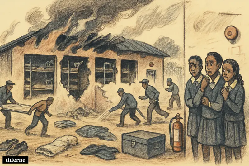 A burned Kenyan school dormitory with damaged bunks, scattered belongings, responders, and grieving students in a schoolyard.