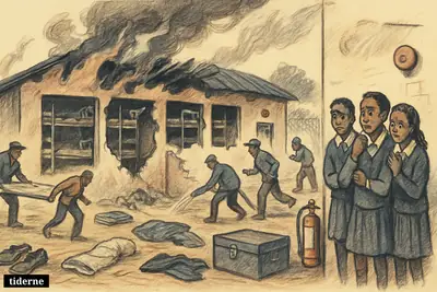 A burned Kenyan school dormitory with damaged bunks, scattered belongings, responders, and grieving students in a schoolyard.