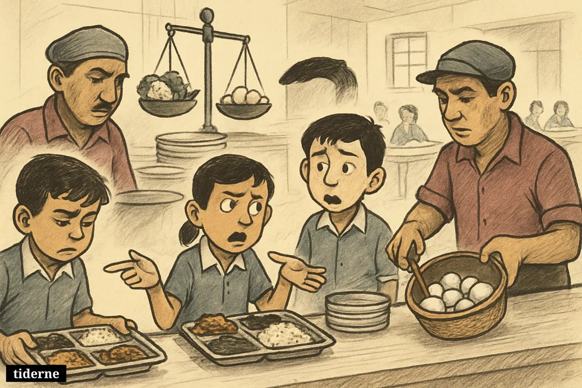 Schoolchildren in a Kolkata cafeteria react as eggs are removed from lunch service and replaced with vegetarian dishes.