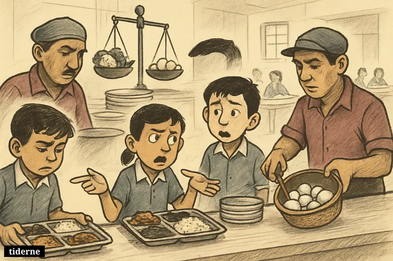 Schoolchildren in a Kolkata cafeteria react as eggs are removed from lunch service and replaced with vegetarian dishes.