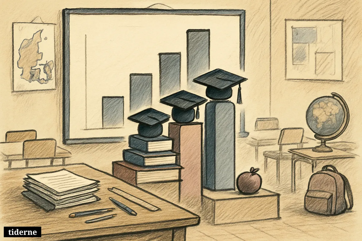A classroom scene with a rising results chart, exam papers, desks, and school items arranged to suggest strong improvement in grades. (AI-genereret illustration)