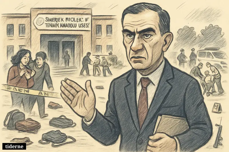 Governor Hasan Şildak stands grimly before a school courtyard where injured students, responders, and police indicate the aftermath of a shooting.