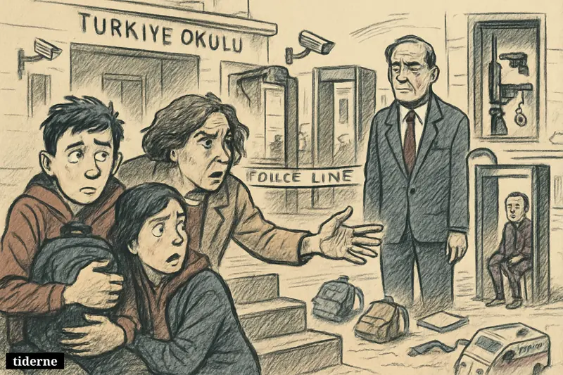 Anxious students, a parent, and school staff gather outside a Turkish school with police tape, security measures, and emergency response nearby.