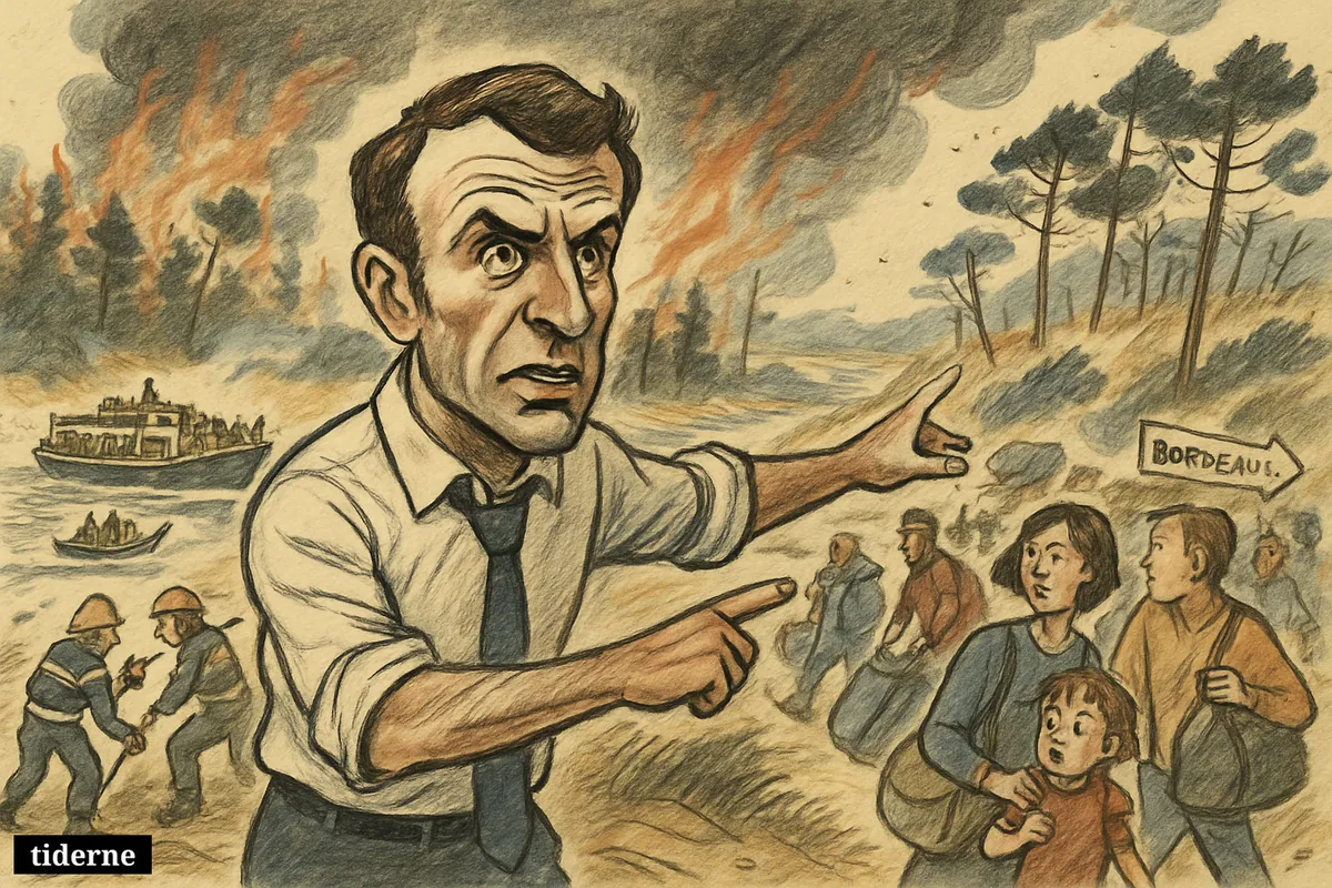 Caricature of Emmanuel Macron directing an evacuation on Cap Ferret as firefighters battle wildfire and families flee by boat and road. (AI-genereret illustration)