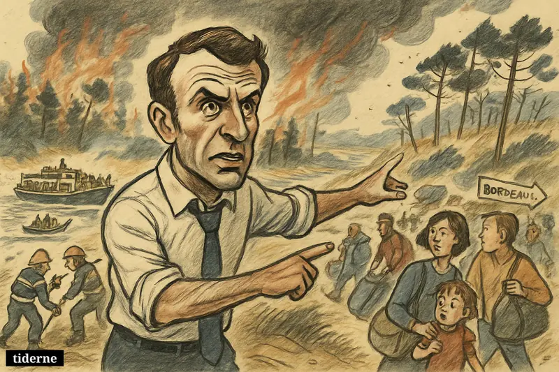 Caricature of Emmanuel Macron directing an evacuation on Cap Ferret as firefighters battle wildfire and families flee by boat and road. (AI-genereret illustration)