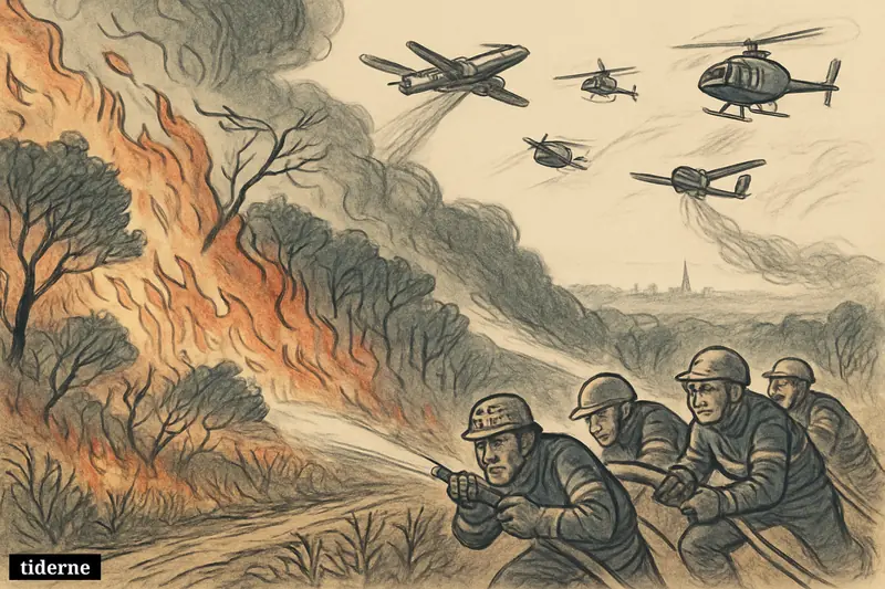 Wildfire near Paris tears through forest as firefighters, planes, helicopters, and an observation aircraft battle the spreading blaze. (AI-genereret illustration)