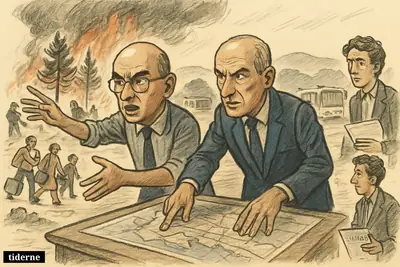 Laurent Nuñez and Matteo Piantedosi oversee a wildfire evacuation as firefighters battle flames and families flee with luggage near a forest. (AI-genereret illustration)