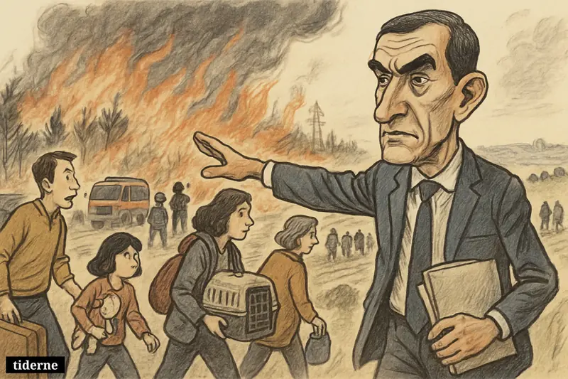 Laurent Nuñez directs evacuating families as wildfires sweep through dry forest toward vineyards, power lines, and the outskirts of Bordeaux. (AI-genereret illustration)