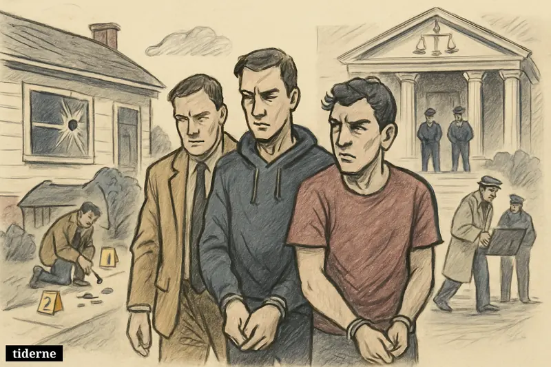 Two restrained young suspects are escorted past a bullet-damaged house toward a courthouse as investigators examine shell casings nearby. (AI-genereret illustration)