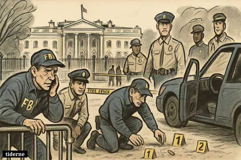 FBI agents and security officers secure a barricaded area near the White House after a shooting, with tape, vehicles, and active investigation.