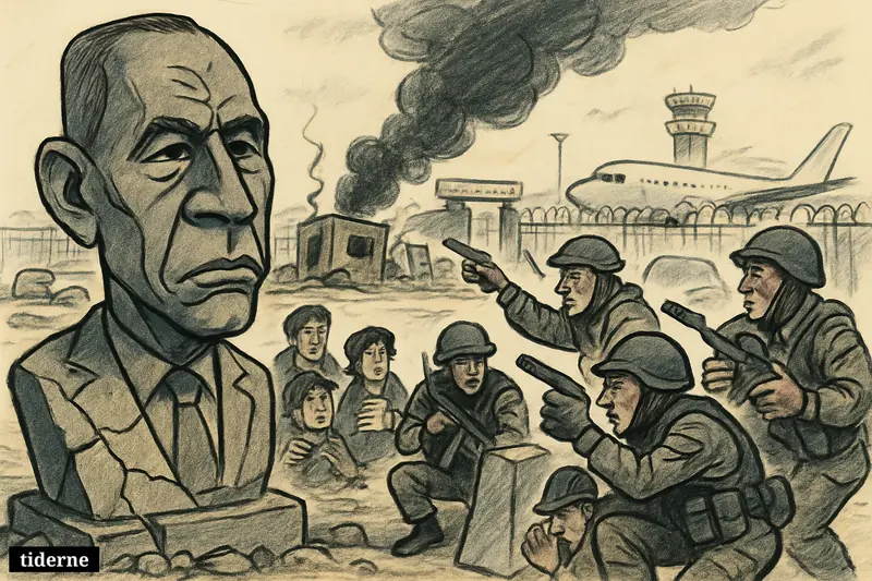 Caricature scene of a damaged Diori Hamani statue, soldiers and civilians near Niamey airport as smoke rises by the checkpoint.