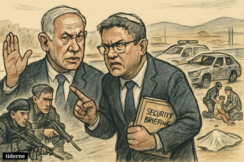 Caricatures of Netanyahu and Ben Gvir at a roadside shooting scene, with security forces, damaged cars, wounded civilians, and a covered body behind them.