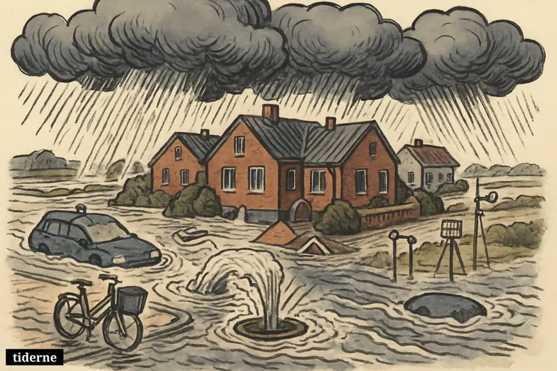 Flooded Danish neighborhood with overflowing drains, submerged cars, battered homes, and huge storm clouds unleashing repeated cloudbursts.