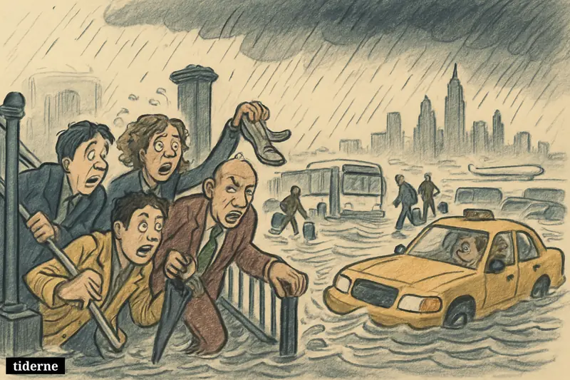 Floodwater pours into a New York subway as commuters, taxis, buses, and airport travelers struggle through a citywide storm. (AI-genereret illustration)