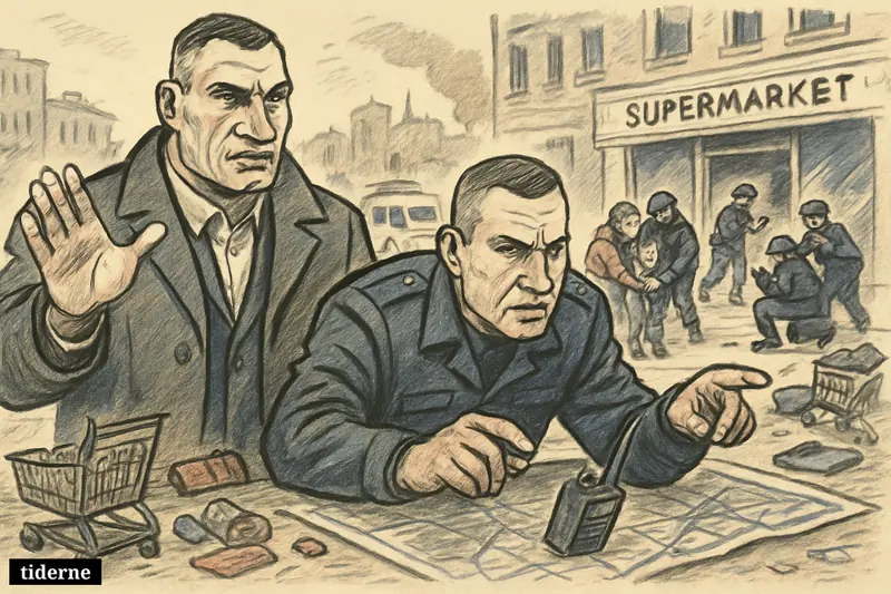Caricatures of Vitali Klitschko and Ihor Klymenko directing a police response outside a supermarket after a deadly hostage crisis in Kyiv.