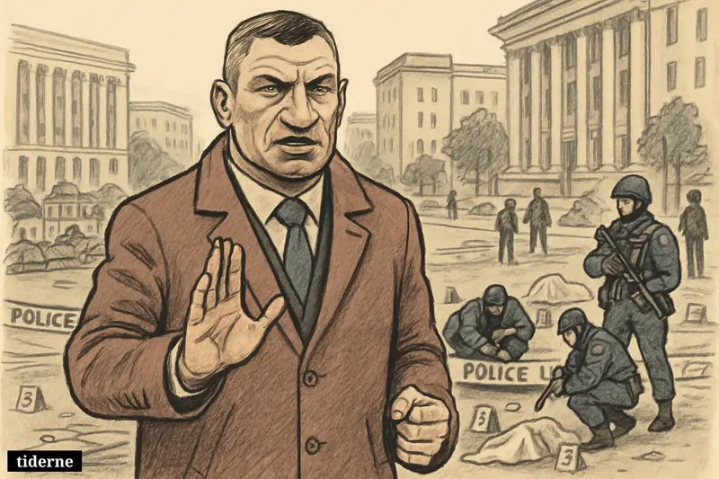 Caricature of Vitali Klitschko at a cordoned Kyiv shooting scene, with investigators, security forces, covered bodies, and government buildings nearby.