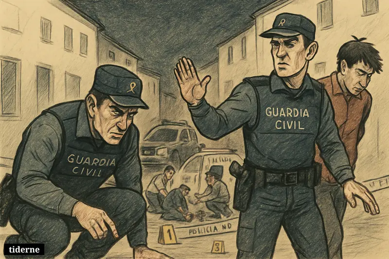Guardia Civil officers detain a young suspect on a Spanish street while medics assist wounded people nearby after a nighttime shooting.