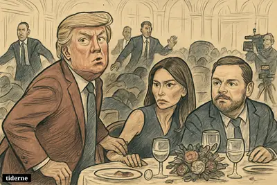 Trump, Melania, and JD Vance react tensely in a chaotic banquet hall as Secret Service agents move through panicked dinner guests.