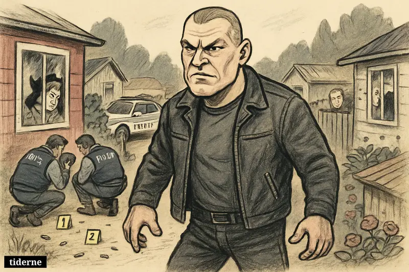 Caricature of Patrick Nielsen in a damaged Ishøj allotment garden as police investigate bullet holes and shell casings after a shooting.