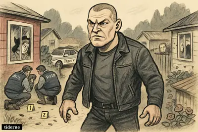 Caricature of Patrick Nielsen in a damaged Ishøj allotment garden as police investigate bullet holes and shell casings after a shooting.