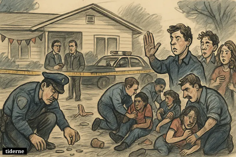 Police, paramedics, and injured partygoers gather outside an Oklahoma house after a chaotic shooting scene under investigation.