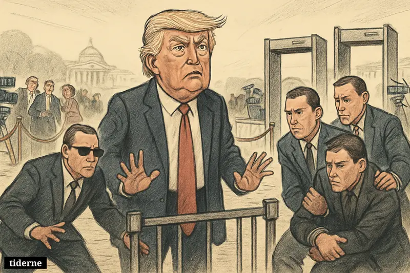 Caricature of Donald Trump near a security checkpoint as Secret Service agents detain a suspect outside a formal Washington press dinner.