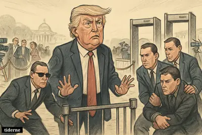 Caricature of Donald Trump near a security checkpoint as Secret Service agents detain a suspect outside a formal Washington press dinner.