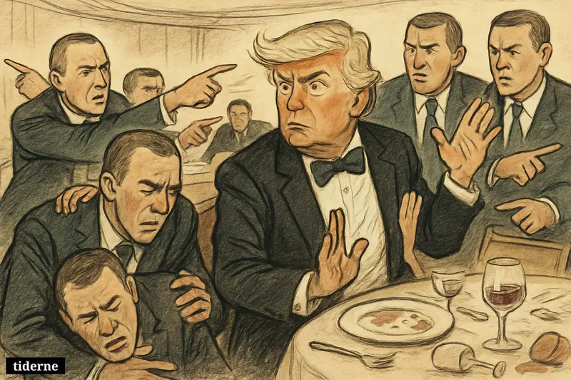 Donald Trump at a chaotic formal dinner as Secret Service agents react to a shooting, with one wounded agent and confused gestures around banquet tables.
