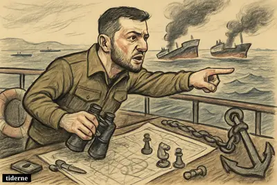 Volodymyr Zelenskyj on a ship deck points toward two damaged tankers, with shadowy oil ships and maritime war symbols behind him.