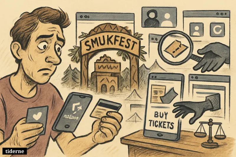 A nervous festivalgoer compares a real and fake ticket site while scam screens and social-media traps surround a Smukfest festival entrance.