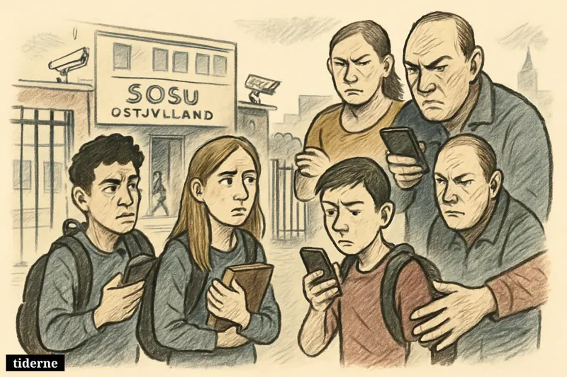 Uneasy students outside a vocational school are watched closely by stern family members near gates, cameras, and a newspaper stand.