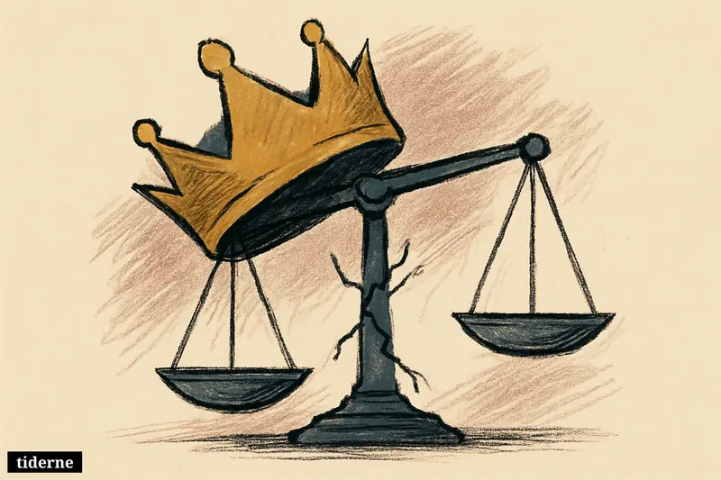 A dimly lit crown tilts over a fractured balance scale on a black background with subtle red and steel-blue highlights