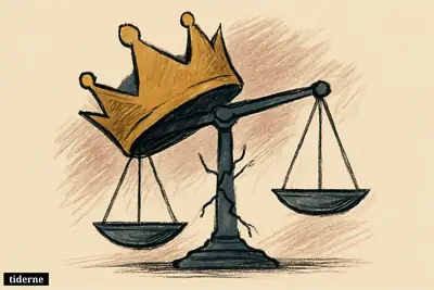 A dimly lit crown tilts over a fractured balance scale on a black background with subtle red and steel-blue highlights